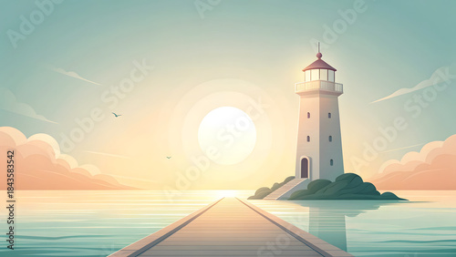 White navigation tower on the coastline at sunset, a beacon of safety over the water