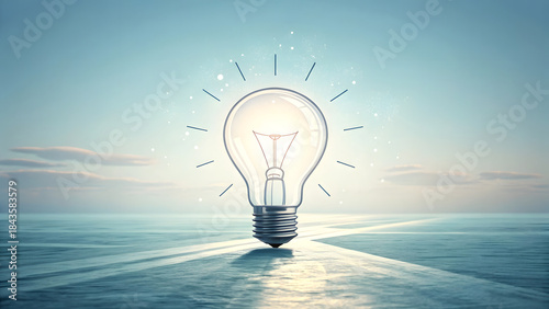 Bright glowing glass lightbulb concept, isolated on a blue sky background, symbolizing an idea and innovation in technology