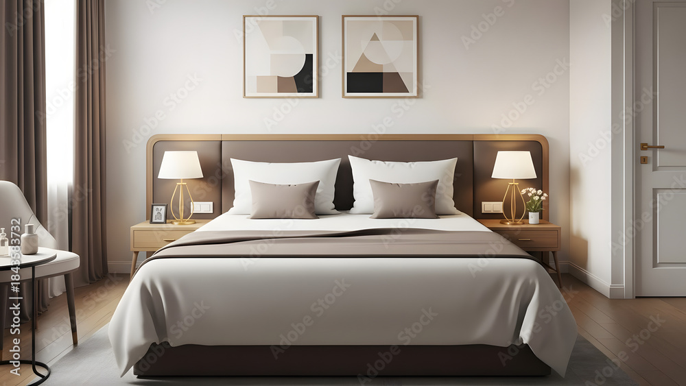 Fototapeta premium Serene hotel bedroom with comfortable bedding and minimalist decor for a relaxing stay
