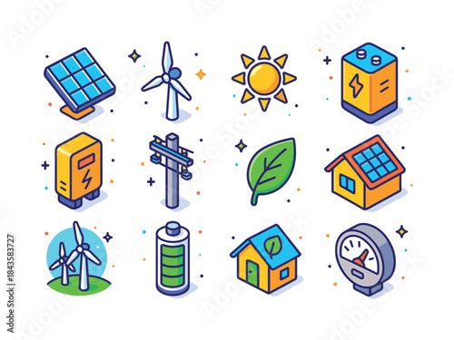 Renewable Energy Icons. Renewable energy sources (solar, wind).