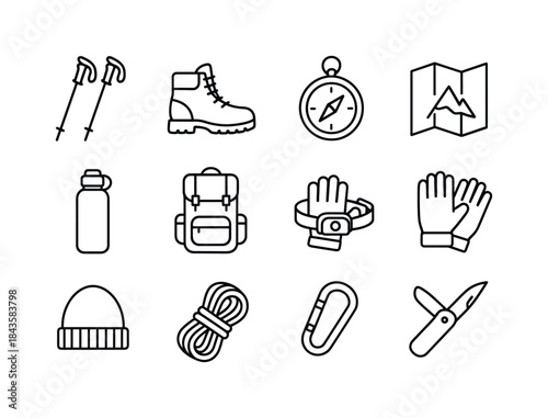 Summit Hiking Gear Icons. Hiking equipment at the summit. Line i