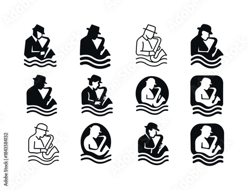Jazz Saxophonist Icon Set. A jazz musician playing a saxophone i