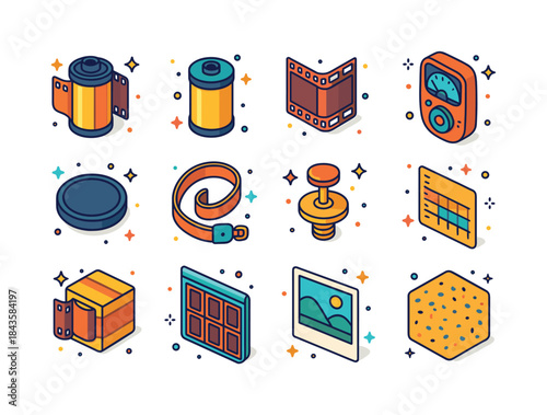 Colorful Photography Icons. Analog Photography. Colorful isometr