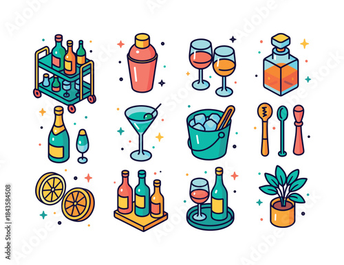 Stylish Bar Cart Icons. Stylish Bar Cart. Colorful isometric vec