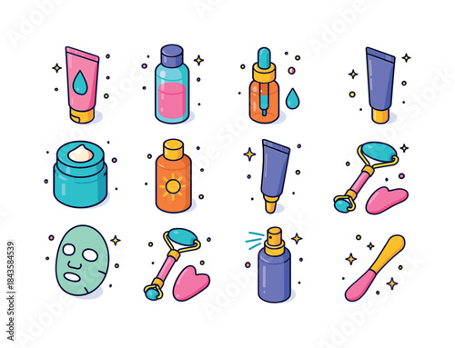 Colorful Skincare Icons. Skincare routine. Colorful isometric ve