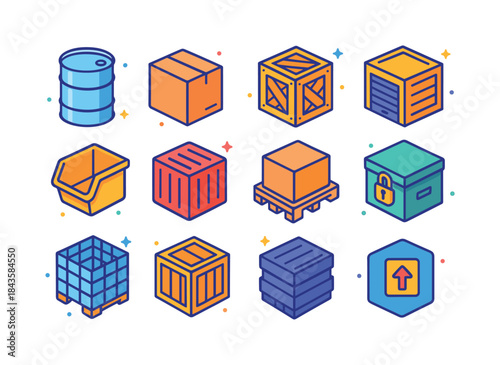 Colorful Container Icons. industrial containers. Colorful isomet