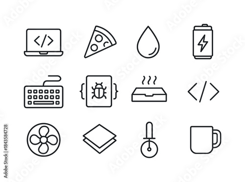 Code and Pizza Icons. Sweat + Code + Pizza. Line icon set of Swe