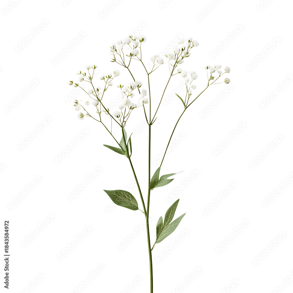 Fototapeta premium Delicate White Baby's Breath Flower Stem with Green Leaves on Transparent Background