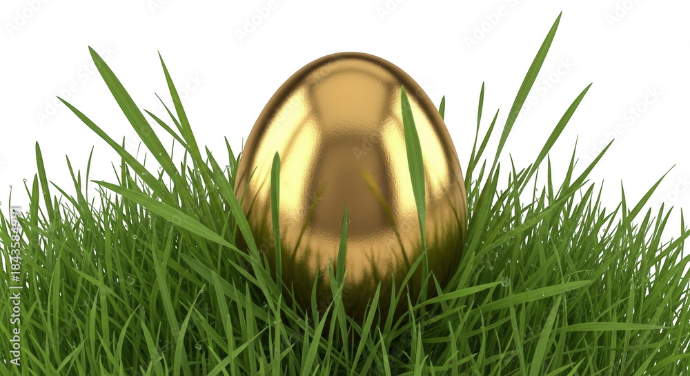 Fototapeta premium Golden Egg Nestled in Dewy Green Grass Easter egg dew drops