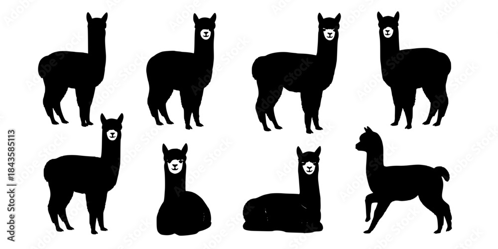 Obraz premium Adorable alpaca silhouettes collection farm animals.