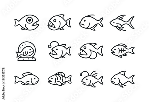 Deep Sea Icon Set. Aquatic creatures in extreme environments (de