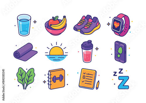 Healthy Habits Icons. Healthy habits. Colorful isometric vector