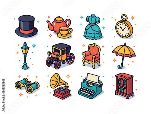 Victorian Isometric Icon Set. Victorian reenactment. Colorful is