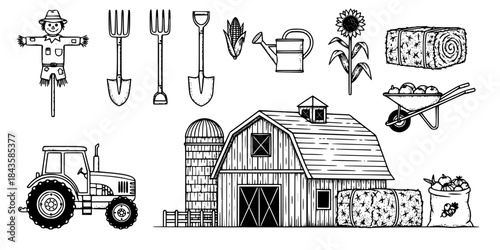 Farm animals and objects line art icons agriculture
