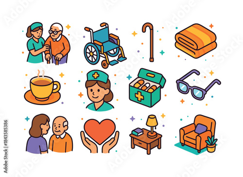 Elderly Care Icons. Elderly care. Colorful isometric vector icon