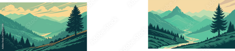 Fototapeta premium Set of Two Vector Illustrations of Green Mountain River Valley Landscapes