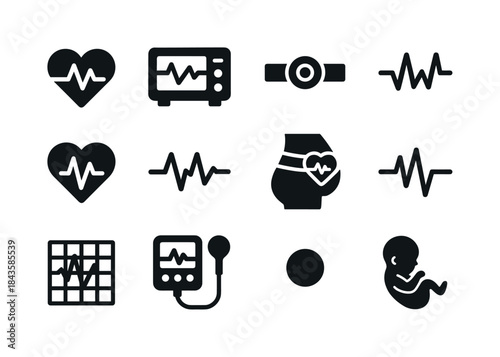 Fetal Monitoring Icons. Fetal monitoring. Solid icon set of feta