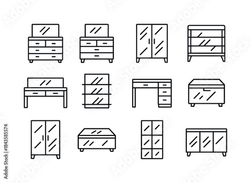 Mirrored Furniture Icons. Mirrored Furniture. Line icon set of M