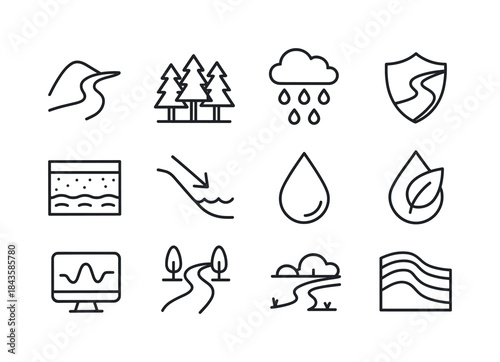 Watershed Protection Icons. Watershed protection. Line icon set