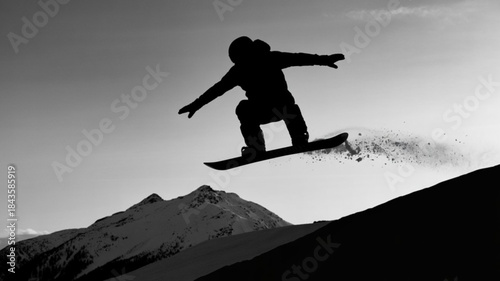 Silhouette of a snowboarder jumping high in the air over a snowy mountain