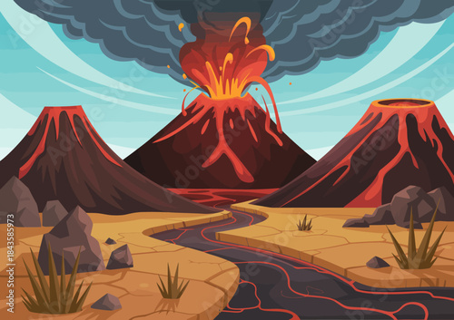 A dramatic illustration of a volcanic eruption surrounded by lava flows and rocky terrain, symbolizing the raw power of nature and the forces shaping our planet.