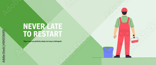 A determined man dressed in colorful overalls prepares to restart his work, conveying themes of resilience, motivation, and proactivity in everyday life and tasks.