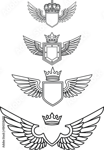 Set of black and white winged emblems with crowns and shields on white background