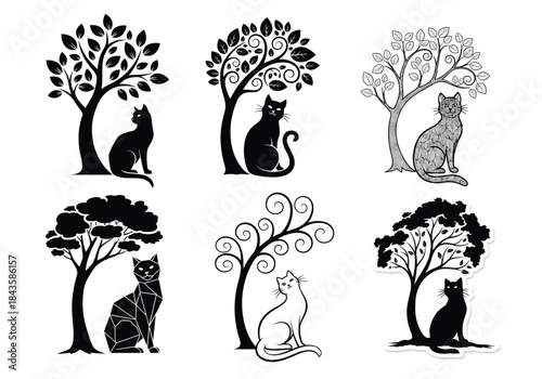 Stylized cat and tree illustration, black silhouettes, feline poses, abstract nature design, minimal vector art, visual puzzle concept