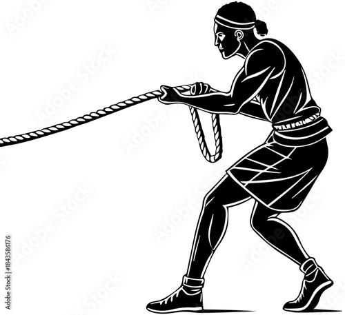 Person Pulling Rope – Black and White Athletic Vector