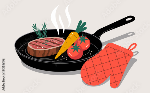 This dynamic image features a perfectly grilled steak surrounded by fresh vegetables in a frying pan, emphasizing the art of cooking and healthy eating.