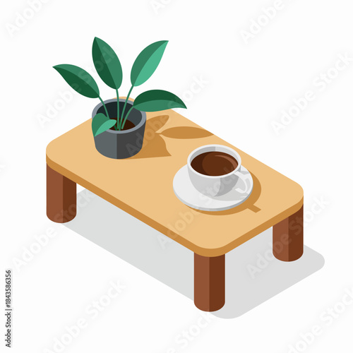 A minimalist wooden coffee table topped with a potted plant and a steaming cup of coffee, representing comfort and relaxation in modern living spaces and cozy atmospheres.