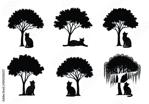 Black cat silhouettes, tree variations, feline poses, abstract nature design, minimal vector art, creative animal graphics, pattern composition