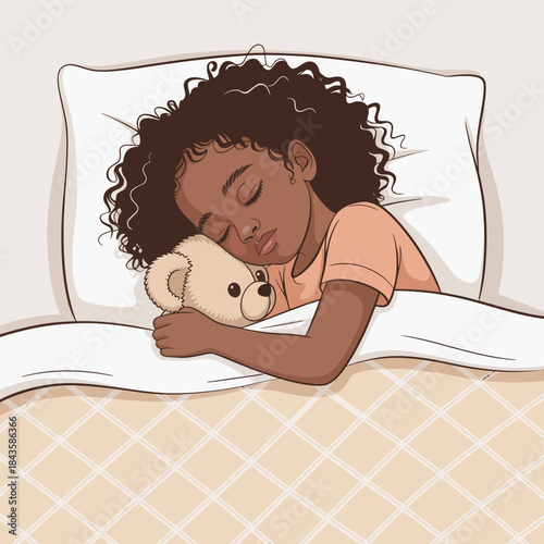 A peaceful image of a young girl sleeping soundly in her bed while hugging a teddy bear, capturing the innocence and tranquility of childhood in a cozy environment.