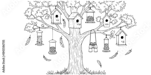 Birds feeders houses binoculars feathers tree vector

