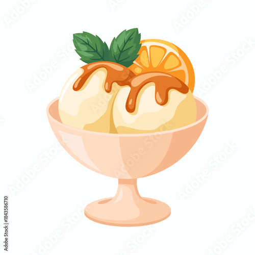 This image presents a delightful serving of two scoops of ice cream drizzled with caramel, garnished with an orange slice, evoking feelings of joy and indulgence.