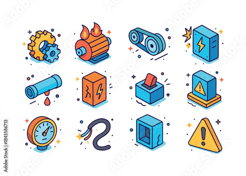 Colorful Machinery Icons. faulty machinery. Colorful isometric v
