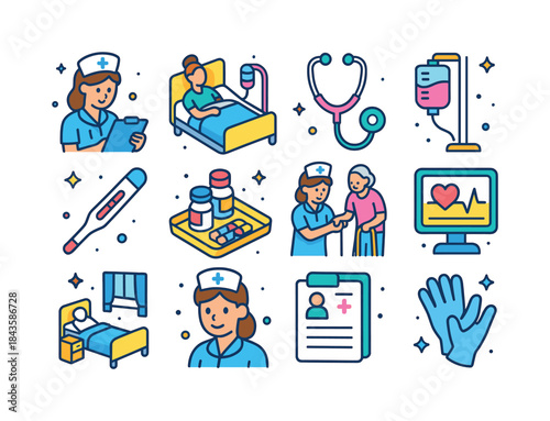 Nurses' Care Icons. Nurses caring for patients. Colorful isometr
