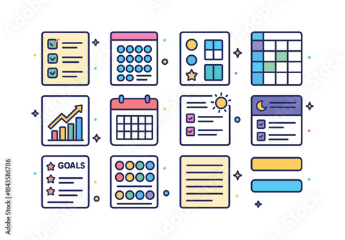 Colorful Productivity Icons. Productivity sheets. Colorful isome