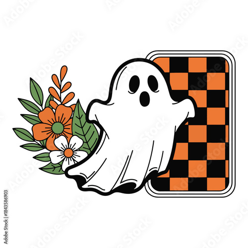 Cute ghost character emerging from checkerboard frame with orange flowers. Retro halloween spooky vibes vector illustration. Funny spirit phantom aesthetic sticker design.