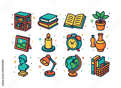 Colorful Bookshelf Icons. A bookshelf filled with books and deco