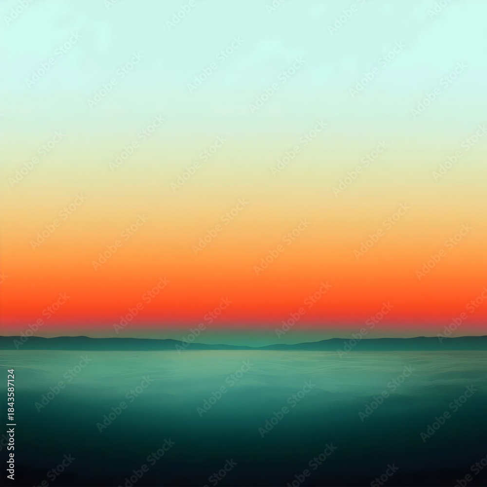 Obraz premium A breathtaking sunset panorama showcasing a gradient of warm orange and cool teal hues blending seamlessly across the horizon, evoking tranquility and serenity.