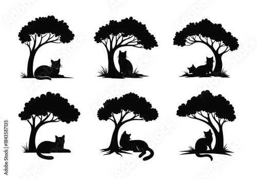 Silhouette tree illustrations with cats, dogs, nature elements, black and white contrast, animal poses, peaceful scene, minimal art, vector design