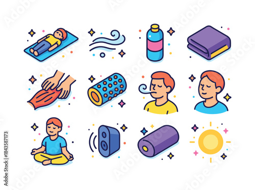 Restful Icons Set. Rest and Recovery. Colorful isometric vector