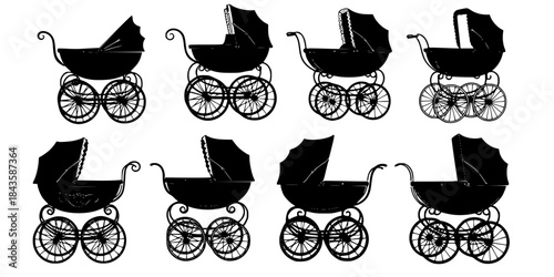 Six vintage baby stroller silhouettes collection.