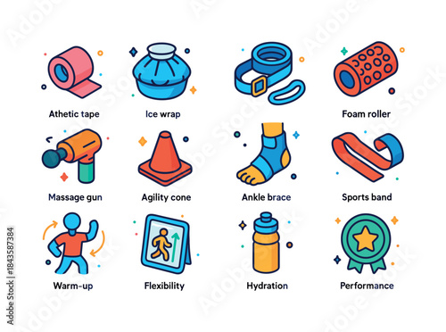 Sports Rehab Icons. Sports rehabilitation. Colorful isometric ve
