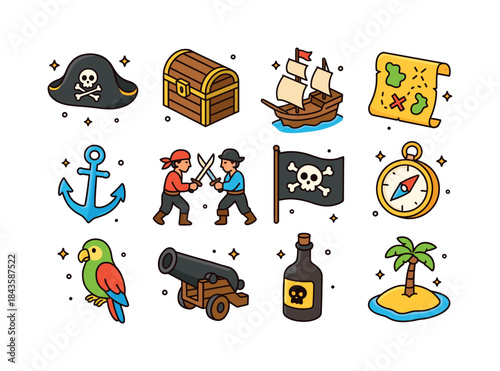 Pirate Icon Extravaganza. Pirate reenactment. Colorful isometric