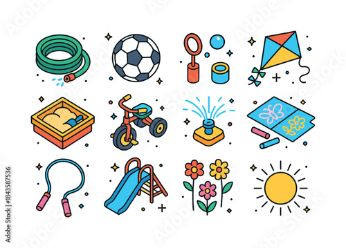Colorful Outdoor Play Icons. Outdoor Play. Colorful isometric ve