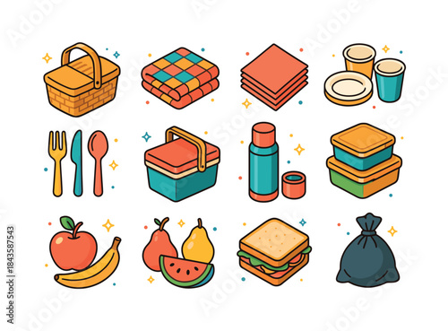 Colorful Picnic Icons. Picnic Essentials. Colorful isometric vec