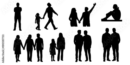 Diverse human silhouettes in various poses and groups
