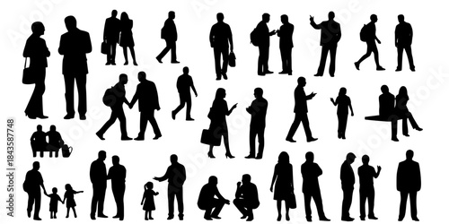 Diverse human silhouettes in various poses and groups
